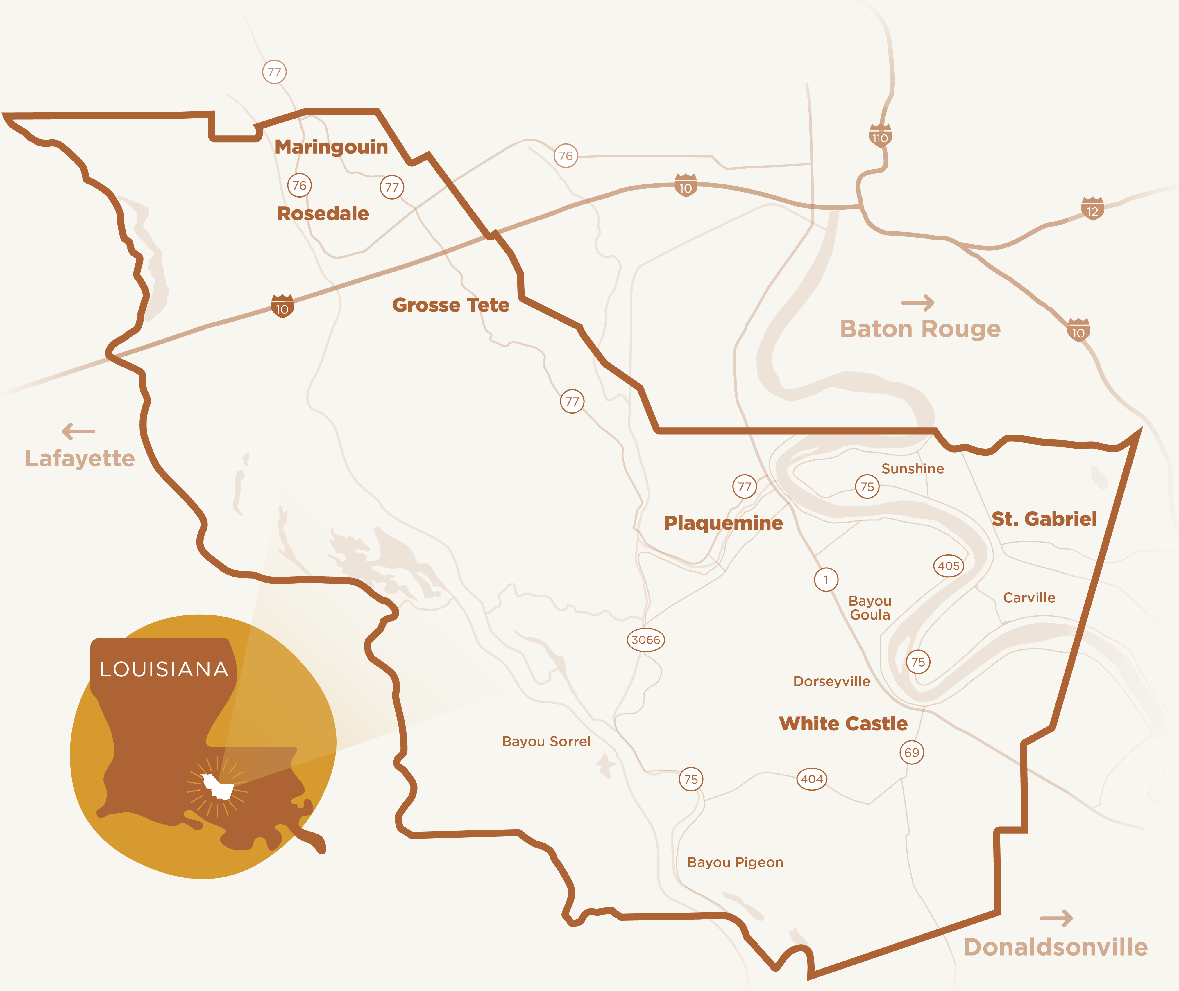 Map of Iberville Parish communities within the state of Louisiana